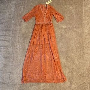 NWT Southern Fried Chics Size M The Twyla Boho Maxi Dress lace Coral Pink